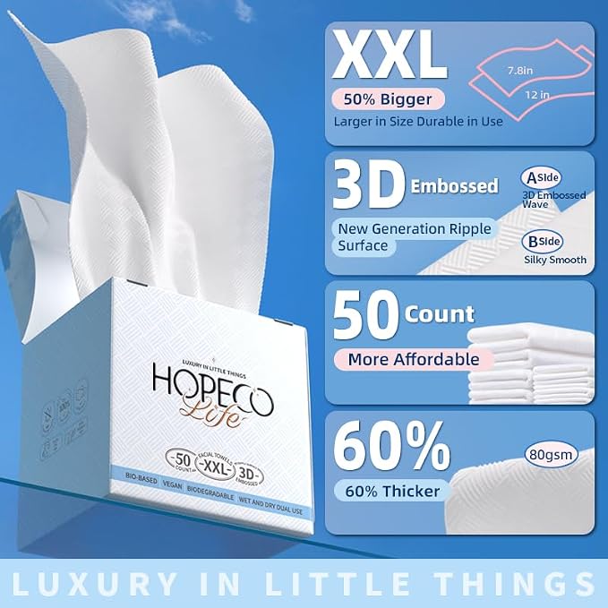 Disposable Facial Towelettes, Extra Large,10"×12", Lint Free, 100% Plant Fiber, Face Towel,Biodegradable,Microfiber Soft, Makeup Remover,Dry Wipes, Sensitive Skin, Facial Cleansing Cloths,50 Count