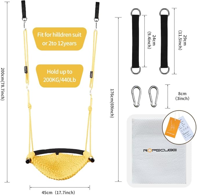 Hand-Knitting Toddler Swing, Swing Seat for Kids with Adjustable Ropes, Little tikes Swings Set, for Outdoor Indoor, Playground, Backyard (Yellow)