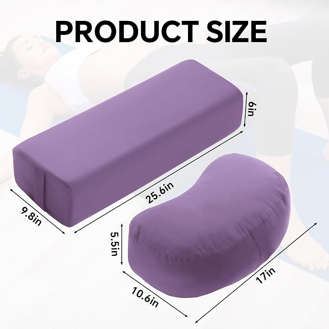 MABOZOO 2-Piece Yoga Bolster Pillow, Rectangular & Crescent Meditation Cushions with Removable Cover for Restorative Yoga, Meditation Accessories for Sitting on Floor