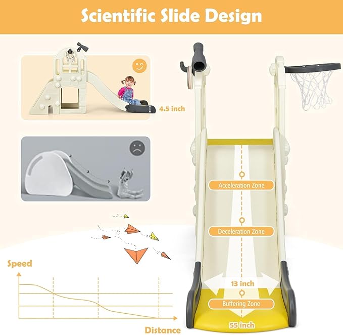 Generic FUTADA 6 in 1 Toddler Slide, Indoor & Outdoor Playground Set with Basketball Hoop, Ring Toss, Telescope, Crawl Through Space, Kids Climber Slide Gift for Indoors Outdoor Boys Girls (Yellow)