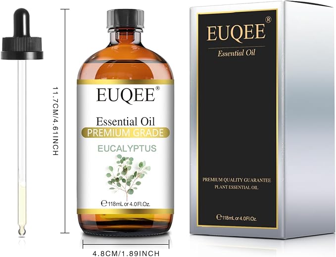 EUQEE Eucalyptus Essential Oil 118ml Pure Eucalyptus Oil with Glass Dropper for Aromatherapy, Diffuser, Soap & Candle Making - 4Fl.Oz
