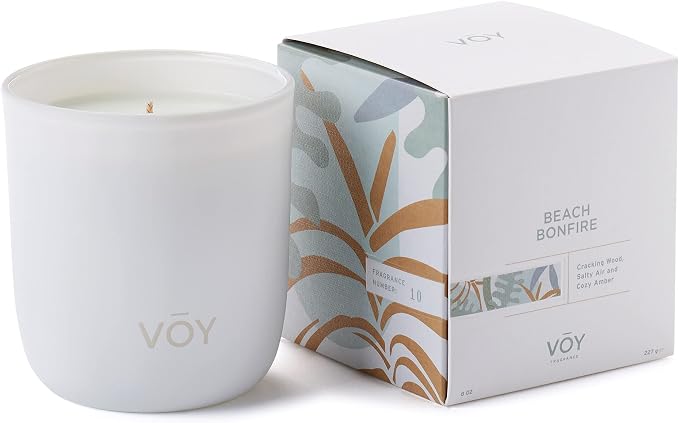 VOY Scented Candle, Crackling Wood & Salty Air of Beach Bonfire Scent, 55 Hour Burn Time, Blended Soy Candle, High-Fragrance Load, 8 oz Jar Candle, Aromatherapy Candle with Sustainable Gift Packaging