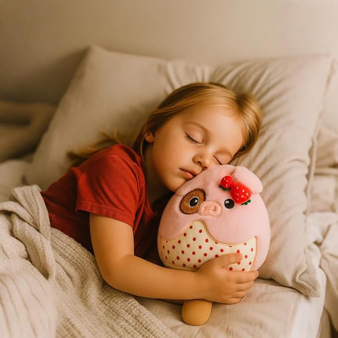 Strawberry Ice Cream Plush Pillow with Adorable Pig Topping Soft Cuddly Stuffed Animal Toy for Kids Birthday Gift for Boys and Girls