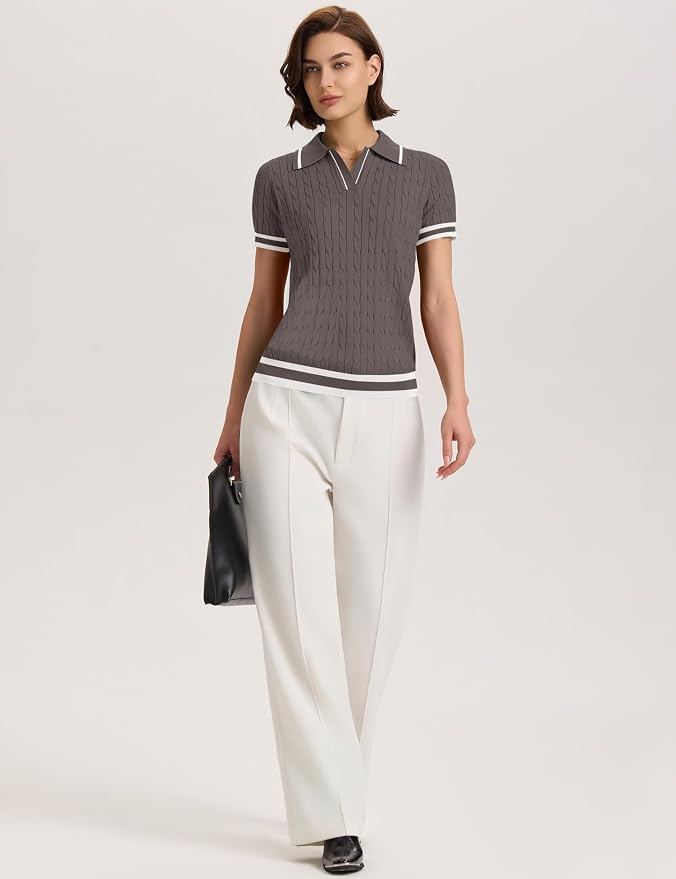 Micoson Womens Short Sleeve Sweater Tops Lapel V Neck Polo Shirts 2026 | Summer Cable Knit Loose Blouses, Business Casual Outfits