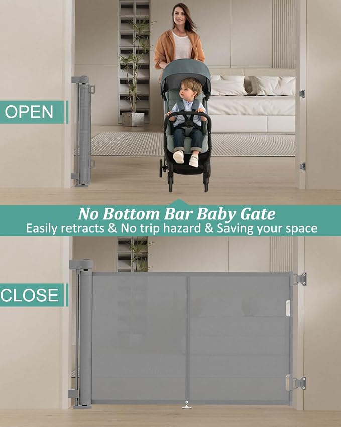 Miumoon 50 inch Retractable Baby Gates 34 inch Tall, Retractable Gate with Reinforced Strip Design to Prevent Crawling Through, Retractable Dog Gate for Stairs, Doorways, Hallways