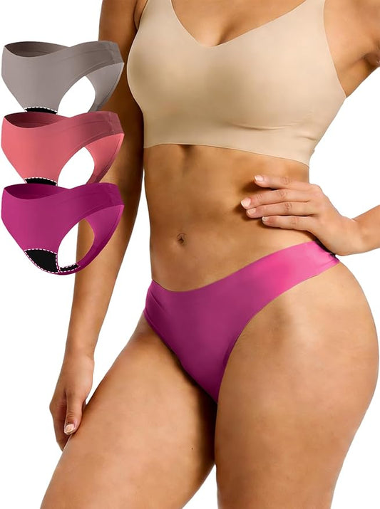 Seamless Thong Period Underwear for Women Teens Light Flow Moisture Wicking Side Leak Prevention Panties 3 Pack