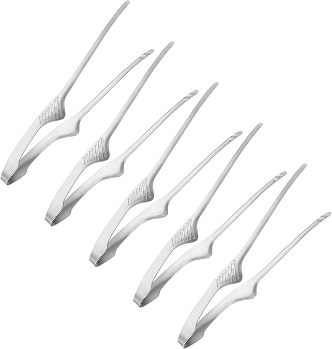 M METERXITY 5 Pcs Korean and Japanese BBQ Tongs 9.5 Inch Barbecue Tongs 304 Stainless Steel Kitchen Self-Standing Grill Non-Slip for Grill/Salad/Camping/Cooking [Silver]