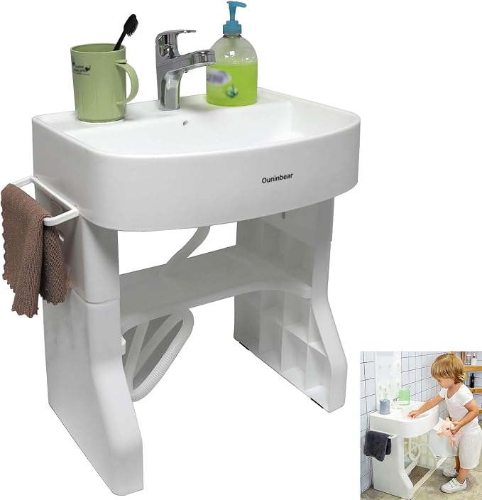 HongK- Early Training Learning Plastic Wash Basin For Child Kids Baby Toddler Simulation Towel Shelf Wash Hand Care [P/N: ET-BABY007-WHITE]