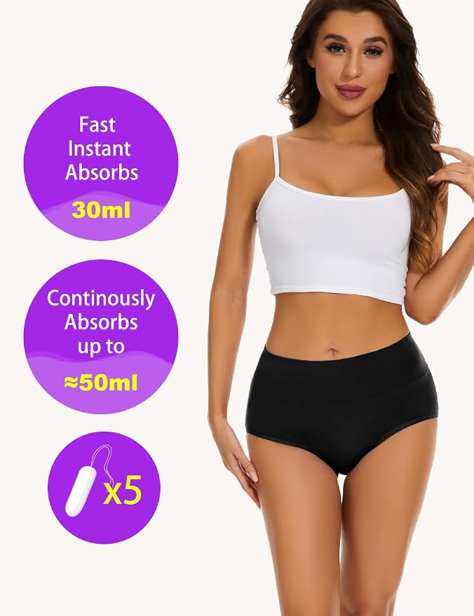 Allbase Period Underwear for Women Ladies Incontinence Protective Briefs High Absorbency Menstrual Leakproof Panties Postpartum Bladder Control Washable Cotton Briefs Multipack Black Small