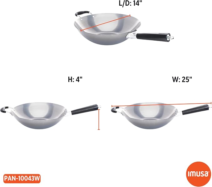 IMUSA USA Natural Wok with Triangle Handle 14-Inch, Silver | Natural Finish, Cool-Touch Wood and Helper Handle, Ideal for Stir-Frying, Perfect for Everyday Cooking