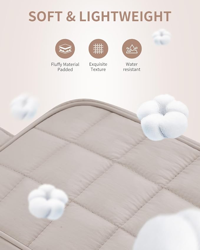 Narwey Quilted Makeup Bag Puffy Make up Bag Cosmetic Bag Organizer, Puffer Travel Toiletry Bag for Traveling Women Girl, Travel Bag for Toiletries, Skincare Medicine Bags (Khaki)
