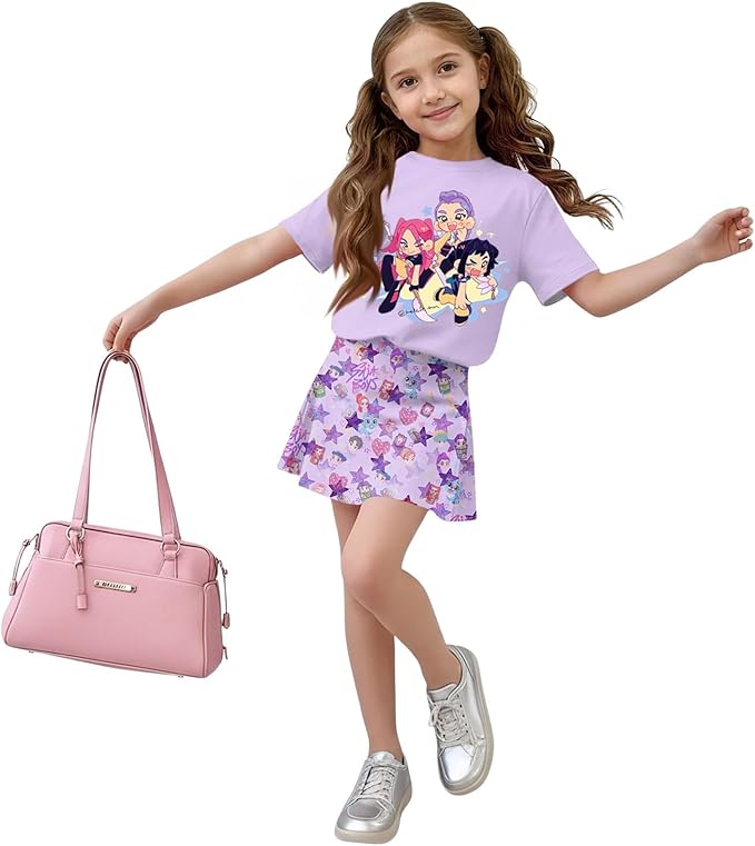 HTHLVMD K Pop Short Sleeve T-Shirt and Skirts Outfits Set for Girls Hunters Rumi Mira Zoey Graphic Tees De-Mon Costume