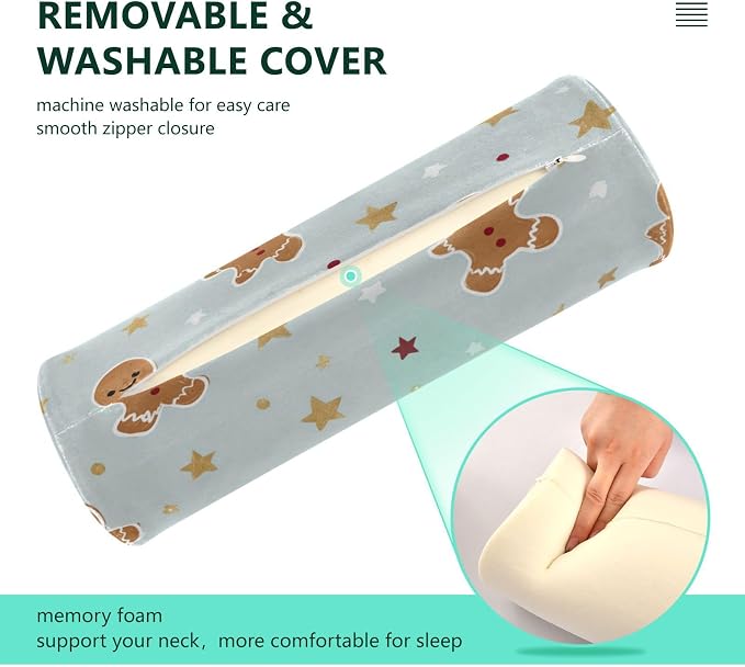 Green Christmas Gingerbread and Stars Neck Roll Pillow Bolster Round Health Memory Foam Long Cervical Cylinder Pillows with Removable Washable Cover for Body Bed Legs Back Yoga
