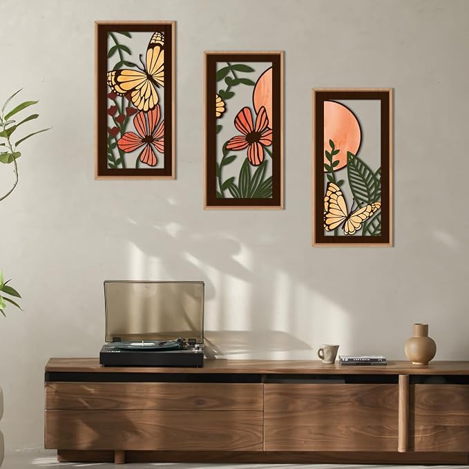 IARTTOP Wood Floral Framed Wall Art 8x16 Inch Set of 3 Abstract Green Leaf Butterfly Wooden Wall Decor Minimalist Nature Landscape Artwork for Living room Bedroom Dining room