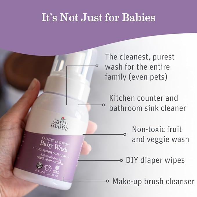 Earth Mama Calming Lavender Baby Wash Liquid Foaming Hand Soap Refill, All-Purpose Lavender Body Wash for Sensitive Skin, Castile Soap with Coconut Oil, Shea Butter, Calendula, & Aloe, 34 Fl Oz