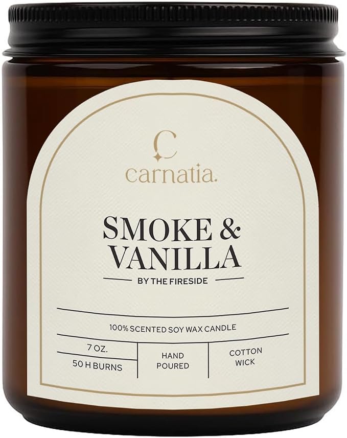 Carnatia Smoke & Vanilla Scented Candle – 7 oz | 100% Soy Wax with Cotton Wick | 50 Hour Burn | Aromatherapy Candle for Home, Cozy Mood & Relaxation | Gift for Women & Men