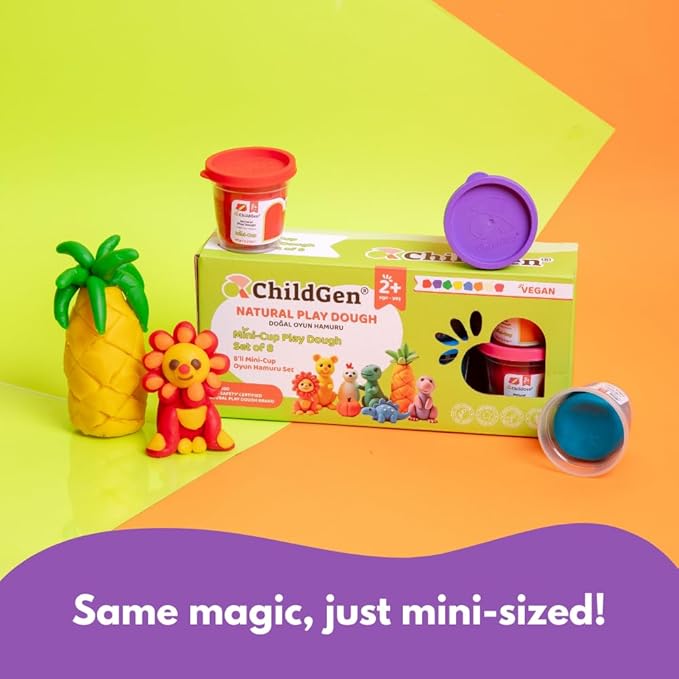 ChildGen Mini Cup Play Dough Set – 8 Pack, Non-Toxic, Natural Sensory Dough for Kids & Toddlers – Montessori Creative Play, Fine Motor Skills, Travel-Friendly Craft Set