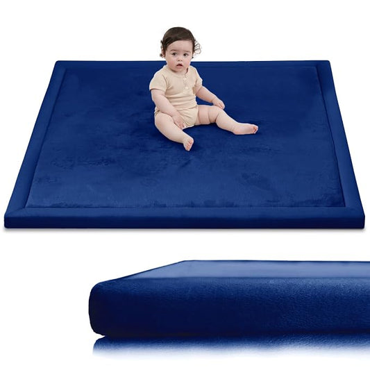 Huloo Sleep Ultra Soft Baby Play Mat for Floor,1.3" Thick Elasti-Foam 47x47 Play Mat for Playpen,Water-Repellent Coral Velvet for Tummy Time, Non-Slip Backing Safe for Toddlers & Infants（Dark Blue）