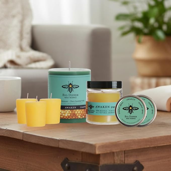 Big Dipper Wax Works Beeswax Aromatherapy Candle Tin – Awaken, Grapefruit & Spruce Scented, Small 1.5” x 1” Tin – 12-Hour Burn, Pure Essential Oils, Clean-Burning & Eco-Friendly
