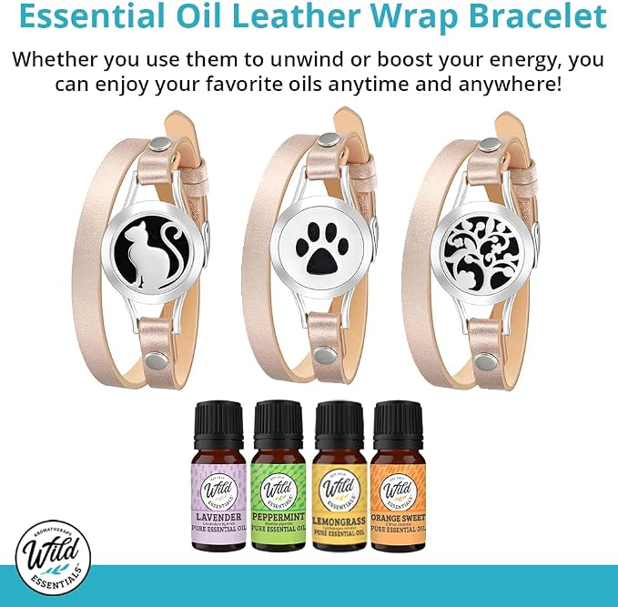 Wild Essentials Pretty Kitty Cat Essential Oil Leather Wrap Bracelet Diffuser, Gift Set, Lavender, Lemongrass, Peppermint, Orange Oils, 12 Pads, Customize Color Changing Perfume Jewelry, Aromatherapy