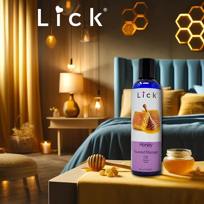 Lick Honey Flavored Massage Oil – Warm Sweet Edible Massage Oil with Sweet Almond Oil & Vitamin E, Smooth Body-Safe Glide for Couples Massage & Relaxation, 4 oz