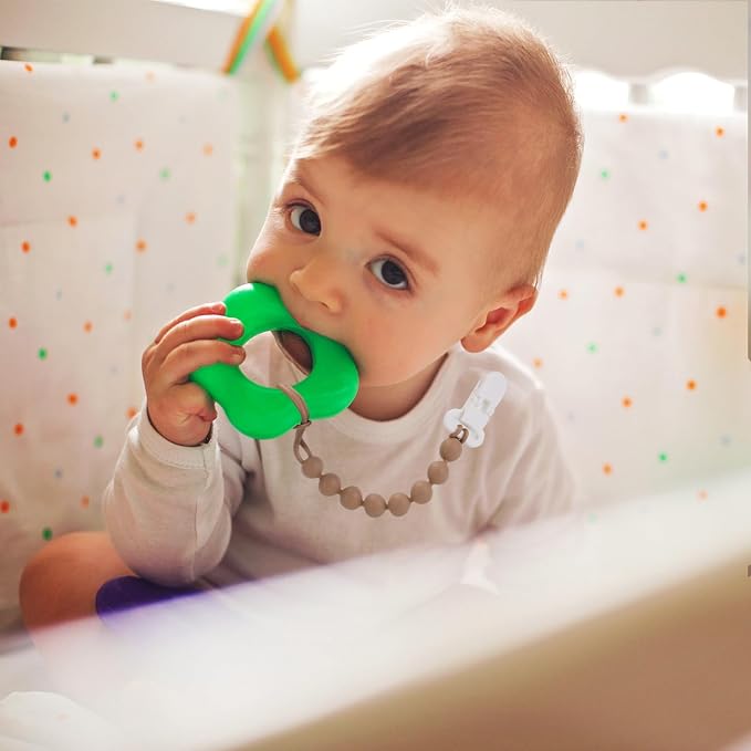 4-Pack Silicone Pacifier Clips with One-Piece Beads for Baby Boys and Girls - Flexible and Rust-Free Holders for Teething Relief and Baby Essentials, Safe for Newborns (Brown)