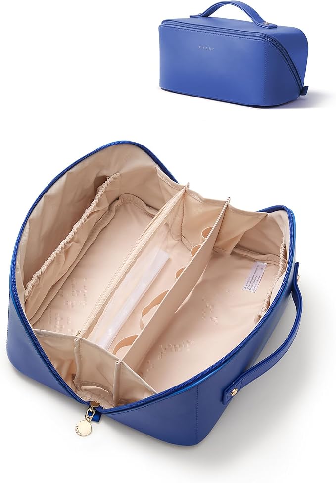 EACHY Travel Makeup Bag, Large Capacity Cosmetic Bag for Women, Waterproof PU Leather, Flat Open Portable Toiletry Bag for Skincare, Brushes & Travel Essentials