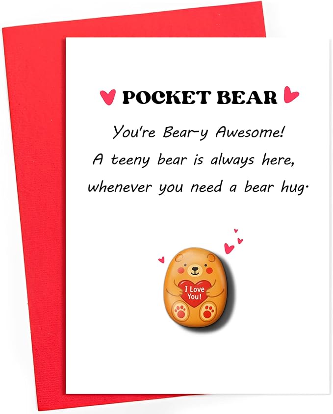 Handmade Pocket Bear Pebble – Cute Hand-Painted Affirmation Token with Card – Long Distance Hug, Encouragement Token for Friends, Kids, Loved Ones, or Anxiety Relief Gifts for Boyfriend, Girlfriend