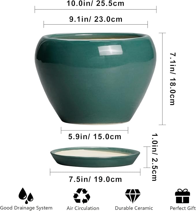 Ceramicfor Ceramic Planter for Indoor Plants 10 Inch - Ceramic Plant Pot with Drainage Hole and Saucer, Glaze Round Modern Decorative Planter, Plant Lover Gifts, Home Room Office Decor, Green