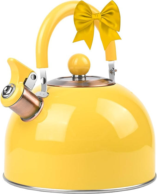 2.6 Quart Yellow Whistling Tea Kettle, tea pot, Stainless Steel, Cool-Touch Handle, Loud Whistle, 7.48-inch Base, Induction Compatible