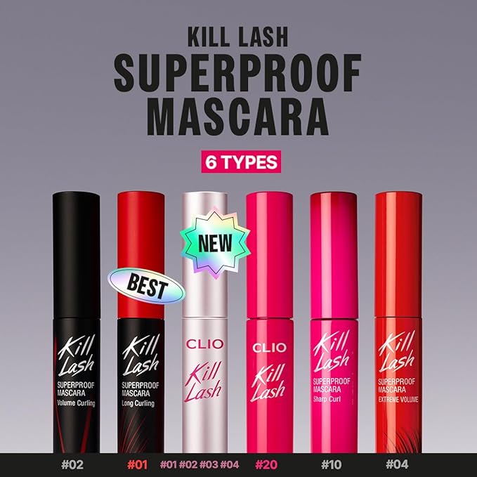 CLIO Kill Lash Superproof Mascara, Waterproof Mascara Black, Lifting Defined Natural Eyelash, Volumizing, Long-Lasting, Clump & Smudge-Free, for Sensitive Eyes, Korean Makeup Beauty (010 Sharp Curl)