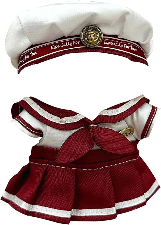 Red Sailor Suit for Labubu Dolls, Navy Dress with Ear-Hole Hat for popmart Blind Box, Cute Japanese Style Outfit for Labubu Clothes Collection