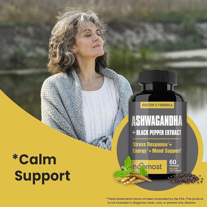 NooMost Ashwagandha Root Extract 15:1 with Black Pepper for Better Absorption - 60 Capsules - Natural Stress, Energy, Focus & Sleep Support - Adaptogen Supplement for Men & Women - Made in USA