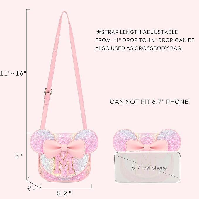 mibasies Toddler Purse Girl Gifts: Girls Birthday Gifts for 3-8 - Toys for Ages 2-4 Girls Mouse Ears Purse, Glitter Rainbow, Letter M