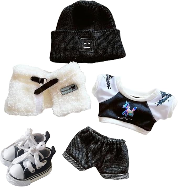20cm Plush Doll Clothes Set, Kpop Doll Outfit Plush Coat Pants Shoes for 8 inch Plush Doll Soft Stuffed Animal, Dress-Up Play (Mechanical Vest Four pcs)