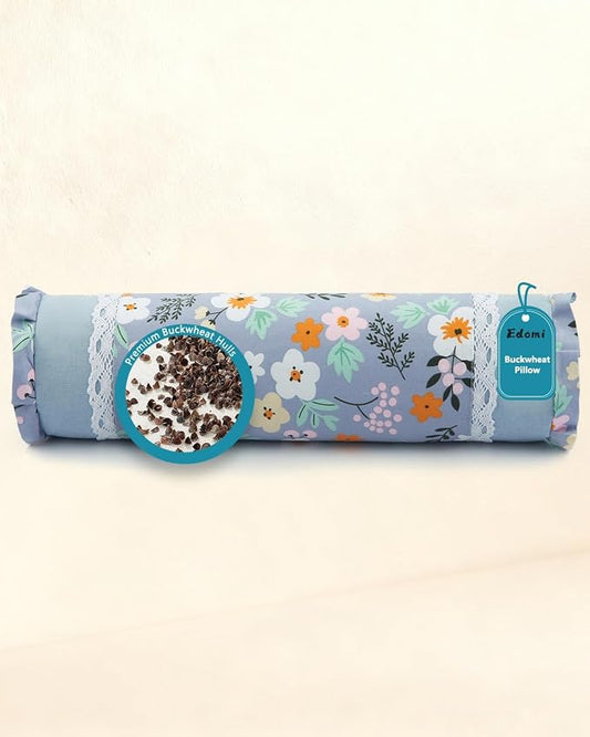 Buckwheat Neck Roll Pillow,15.7"x4.7" Adjustable Hard Cooling Cylinder Neck Support for Sleeping, Removable Soft Floral Pillow Covers, Ergonomic Yoga Bolster Pillow for Bed, Blue Flower