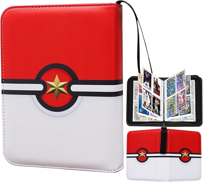 Trading Card Binder 4-Pocket Zipper Album with 400 Pockets | Archival-Grade Card Organizer for Collectors | Premium Storage with Reinforced Sleeves | Red & White