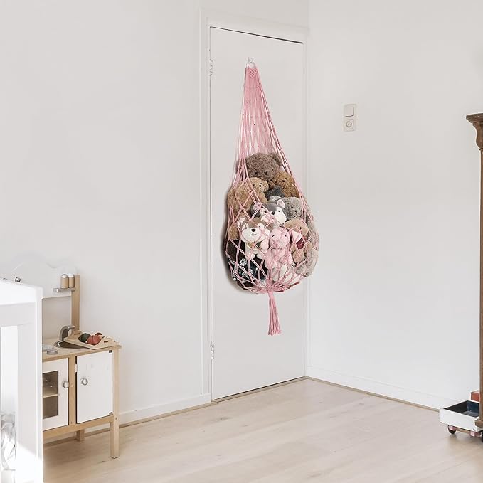 Stuffed Animal Hammock Corner Hanging Net for Stuff Animal Storage Macrame Plush Toy Holder-Perfect for Tiny Space Walls-Kid Bedroom Decor Nursery Playroom Organizer (Light Pink XL)