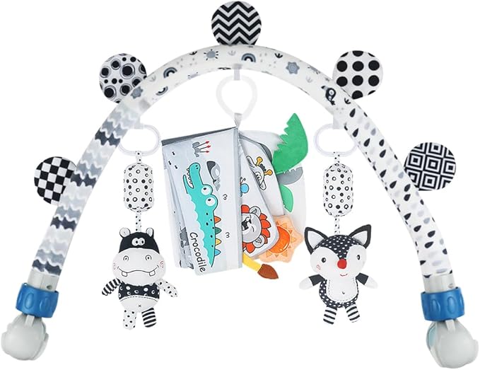 Baby Activity Travel Mobile Arch Bassinet Toy, Black and White High-Contrast Bouncer Toy bar, Crib Toys with Hanging Animals, Stroller Attachment(Farm)