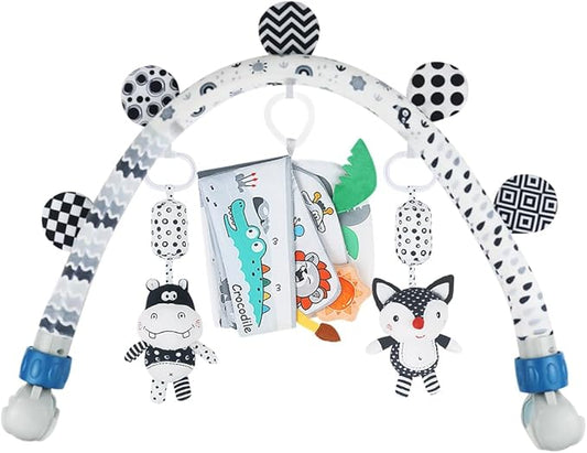 Baby Activity Travel Mobile Arch Bassinet Toy, Black and White High-Contrast Bouncer Toy bar, Crib Toys with Hanging Animals, Stroller Attachment(Farm)