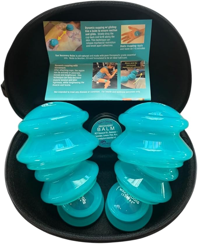Wavetools Therapy Glide Silicone Sport Cupping Set of Mushroom Cups in case with Balm Ideal for Massage, myofascial Release, Circulation and Scars. (Translucent Teal Finish, 6 Pack in case)