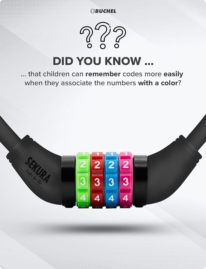 Büchel Bike Locks Cable for Kids - Colorful & Keyless - Secure Your Child's Bike - Easy-to-Use Bicycle Accessory, High Security 5 Digit Resettable Combination Coiling Bicycle Lock, Anti Theft