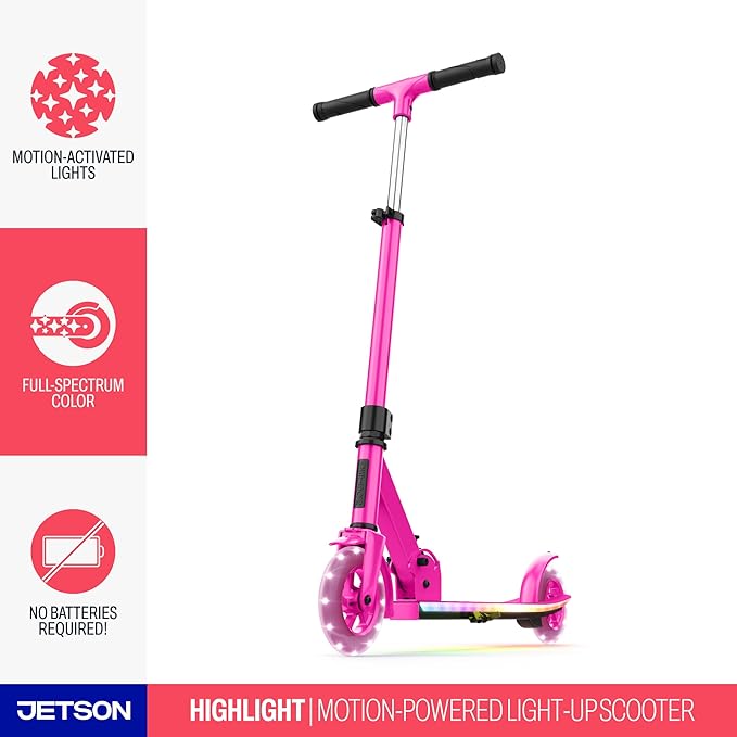 Jetson Jupiter Kids 2-Wheel Light-Up Kick Scooter, LED Lights on Handlebar, Stem, Wheels & Deck, Adjustable Handlebar, Rear Brake, Easy-Folding Mechanism, Ages 5+