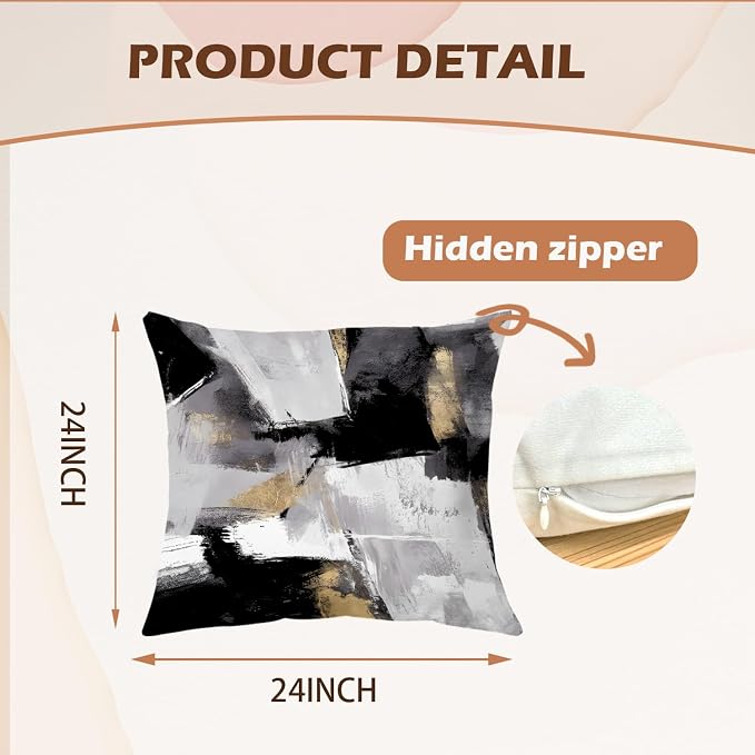 Abstract Black & White & Gold Pillow Covers - 24x24 Set of 2, Modern for Couch & Bed Living Room