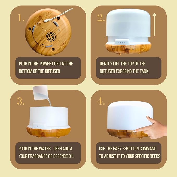 Mystic Romance Essential Oil Diffuser, 300ml Aromatherapy Humidifer and Nigth Ligth for Relaxing Atmosphere in Home Office Yoga and Spa, for Everyone, Auto-Off Safety Switch. Light Wood