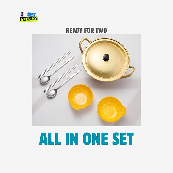 xenoz Korean Ramen Noodle Pot Set, 2 Bowls, 2 Spoons & Chopsticks | Made in Korea aluminum cookware set designed for sharing ramen, noodles and soup.