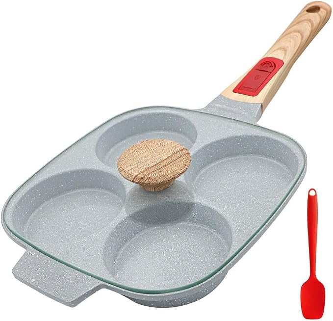 Ceramic Egg Frying Pan with Lid, Nonstick 4 Cup Fried Egg Pan - Blue | Detachable Handle, Omelette Pan Induction Compatible