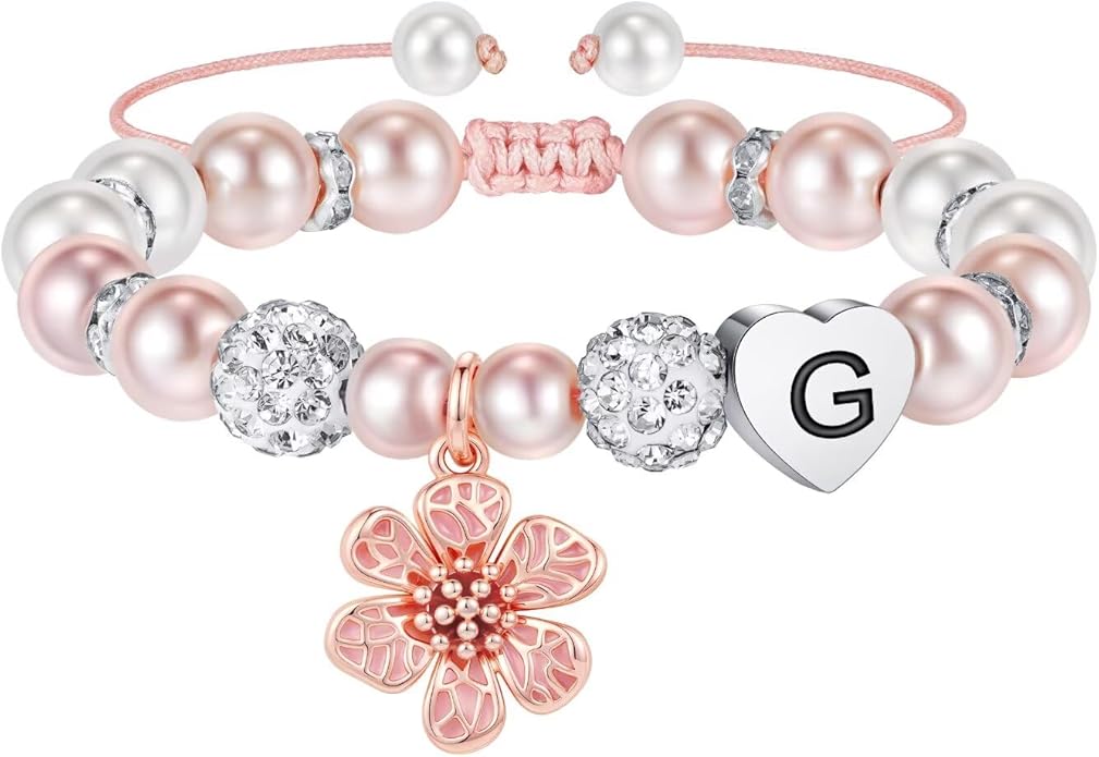 MONOOC Valentines Gifts for Kids Girls - Initial Flower Charm Bracelets for Girls, Adjustable Pearl and Rhinestone Beaded Bracelet Heart Initial Bracelets Jewelry for Flower Girl Gift Birthday Gifts
