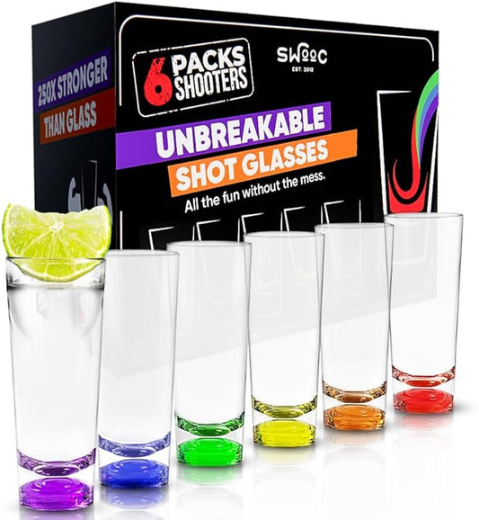 SWOOC Games - Tall Unbreakable Shot Glasses Set (6 Pack) - 250x Stronger Than Glass, 25x Stronger Than Acrylic - Colorful & Dishwasher-Safe – 2oz Reusable Plastic Shot Glasses - DUNZO Compatible