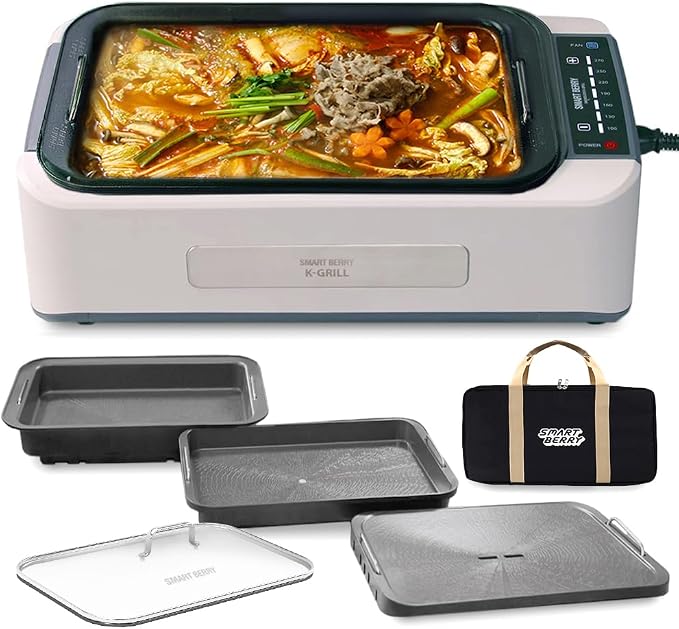 SMART BERRY 3 in 1 Smokeless Electric Indoor Grill, Nonstick Grill/Griddle Plates, hot pot, Glass Lid, Portable Korean BBQ Grill with 7-Level Control, black (HOT POT set White)